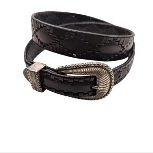 Onyx Women’s Western Black Brown Textured Leather Belt Silver Buckle Size 34